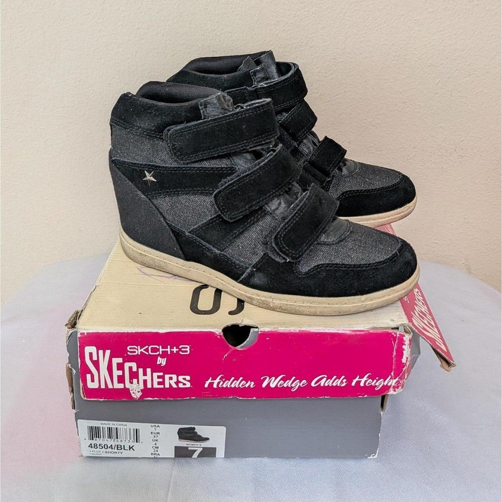 Skechers SKCH+3 Plus 3-Shorty Black Suede & Denim Hidden Wedge Sneakers Size 7